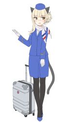 Rule 34 | 1girl, animal ears, aohashi ame, blonde hair, blush, cat ears, cat tail, full body, glasses, highres, long hair, open mouth, perrine h. clostermann, simple background, smile, solo, strike witches, tail, travel attendant, white background, world witches series, yellow eyes