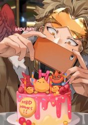 Rule 34 | 1boy, artist name, bad id, bad pixiv id, birthday cake, blonde hair, blush, boku no hero academia, cake, candle, commentary, covering own mouth, endeavor (boku no hero academia), english commentary, food, goggles, goggles on head, hands up, happy birthday, hawks (boku no hero academia), holding, holding phone, kadeart, looking at phone, male focus, phone, red wings, short hair, wings, yellow eyes