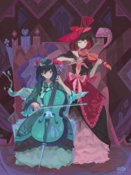 Rule 34 | 2girls, absurdres, blue eyes, blue hair, cello, closed eyes, closed mouth, dress, green dress, hair ornament, hertz, highres, holding, holding instrument, holding violin, honkai (series), honkai impact 3rd, instrument, looking at viewer, multiple girls, music, pink headwear, playing instrument, purple dress, red hair, seele (alter ego), seele vollerei, short hair, short sleeves, sitting, sleeves past elbows, smile, violin