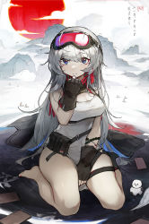 Rule 34 | 1girl, absurdres, alternate breast size, alternate hair length, alternate hairstyle, arknights, black bag, black gloves, black socks, blue eyes, breasts, chinese text, cleavage, dress, fingerless gloves, full body, gloves, goggles, goggles on head, grey hair, hand up, highres, large breasts, long hair, looking at viewer, mountain, mulberry (arknights), pouch, qingfeng canying, single sock, sitting, sleeveless, sleeveless dress, socks, solo, thigh strap, translation request, very long hair, wariza, white dress