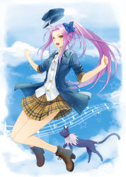 Rule 34 | 10s, 1girl, alternate costume, blazer, blue background, bow, cat, cloud, crotchet rest, cure beat, day, dual persona, fang, hat, jacket, kurokawa eren, long hair, musical note, precure, prime, purple hair, quaver, ribbon, seiren (suite precure), shoes, side ponytail, skirt, sky, sleeves pushed up, smile, staff (music), suite precure, treble clef, very long hair, yellow eyes