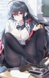 Rule 34 | 1girl, absurdres, age fx, ahoge, armband, azur lane, black bow, black hair, bow, bowtie, breasts, feet, glasses, highres, jacket, large breasts, long hair, long sleeves, looking at viewer, official alternate costume, pantyhose, pleated skirt, red eyes, red jacket, school uniform, shirt, skirt, solo, taihou (azur lane), taihou (sweet time after school) (azur lane), thighs, white shirt, yellow armband