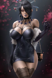 Rule 34 | 1girl, artist name, bag, bare shoulders, black hair, blurry, blurry background, branch, breasts, charm (object), cigarette, cleavage, commentary, dress, earrings, elbow gloves, feather boa, final fantasy, final fantasy x, flower, gloves, gradient background, hair ornament, hair over one eye, hair stick, halterneck, handbag, highres, holding, holding cigarette, hoop earrings, jewelry, large breasts, lipstick, looking at viewer, lulu (ff10), makeup, mole, mole under mouth, moogle, parted lips, red eyes, short dress, signature, simple background, smoke, solo, square enix, thighhighs, thighs, wtparadise, zettai ryouiki