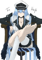 Rule 34 | 1girl, akame ga kill!, anopl, arm support, barefoot, blue eyes, blue hair, boots, breasts, chair, character name, choker, cleavage, commentary request, crossed legs, esdeath, feet, hair between eyes, hat, highres, large breasts, long hair, looking at viewer, military, military uniform, peaked cap, single boot, sitting, soles, solo, thigh boots, thighhighs, uniform, very long hair, white footwear, white thighhighs