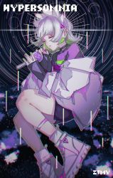 Rule 34 | 1girl, earrings, closed eyes, full body, gradient hair, green nails, highres, holding, holding microphone, jewelry, kannsaete kuyasiiwa (zutomayo), long sleeves, microphone, multicolored hair, nail polish, pink nails, purple nails, shoes, short hair, sneakers, solo, to/garashi, triangle hair ornament, white hair, white headwear, zutto mayonaka de ii no ni
