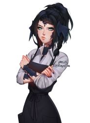 Rule 34 | 1girl, apron, au ra, warrior of light (ff14), black apron, black hair, black nails, blue eyes, braid, braided bangs, closed mouth, collared shirt, cowboy shot, crossed arms, fictional persona, final fantasy, final fantasy xiv, fingernails, grey shirt, highres, horns, lavelis, monster girl, nail polish, ponytail, scales, shirt, simple background, solo, standing, white background, wing collar