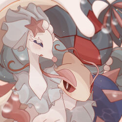 Rule 34 | animal focus, blank eyes, blue eyes, blue hair, blurry, blush, bright pupils, bubble, caustics, colored eyelashes, colored sclera, creatures (company), depth of field, game freak, gen 3 pokemon, gen 7 pokemon, happy, highres, long hair, milotic, nintendo, no humans, open mouth, pearl hair ornament, pokemon, pokemon (creature), primarina, red eyes, red sclera, smile, starfish hair ornament, tamako (pixiv 71110817), underwater, very long hair, white pupils