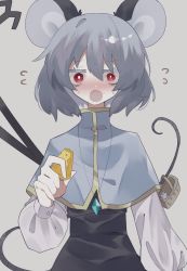 Rule 34 | 1girl, animal, animal ears, bad id, bad twitter id, basket, black dress, blush, capelet, cheese, dress, fang, flying sweatdrops, food, grey background, grey capelet, grey hair, highres, holding, holding food, jewelry, long sleeves, mouse (animal), mouse ears, mouse tail, nazrin, one-hour drawing challenge, open mouth, pendant, red eyes, short hair, simple background, solo, tail, touhou, upper body, xx asui