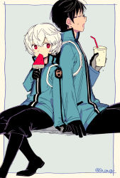 Rule 34 | 2boys, arm at side, arm out of sleeve, back-to-back, biting, black footwear, black gloves, black hair, black pants, blue background, blue jacket, boots, closed eyes, cup, disposable cup, drinking straw, dripping, eating, food, glasses, gloves, highres, holding, holding cup, holding food, invisible chair, jacket, knee boots, kuga yuuma, long sleeves, looking at viewer, male focus, mikumo osamu, multiple boys, open mouth, outside border, pants, pants tucked in, popsicle, profile, red eyes, sacog, simple background, sitting, sweat, uniform, watermelon bar, white hair, world trigger