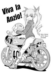 Rule 34 | 10s, 1girl, alternate costume, anchovy (girls und panzer), drill hair, female focus, girls und panzer, greyscale, hair ribbon, helmet, italian text, long hair, looking at viewer, monochrome, motor vehicle, motorcycle, motorcycle helmet, muchabou, ranguage, ribbon, solo, twin drills, twintails, vehicle, white background