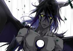 Rule 34 | 1boy, bad id, bad pixiv id, black hair, black sclera, black wings, bleach, collarbone, colored sclera, facial mark, hishui prpr, hole on body, looking at viewer, multicolored hair, open mouth, purple hair, solo, two-tone hair, ulquiorra cifer, upper body, white background, wings, yellow eyes