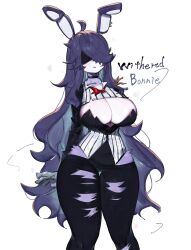 Rule 34 | 1girl, ahoge, bare hips, black choker, black pants, blindfold, blue hair, bowtie, breasts, choker, cleavage, five nights at freddy&#039;s, five nights at freddy&#039;s 2, formal, furry, furry female, gloves, huge breasts, long hair, messy hair, multicolored hair, pants, purple fur, purple hair, rabbit ears, rabbit girl, red bow, red bowtie, robot, suit, thick thighs, thighs, togetoge, torn clothes, torn pants, very long hair, wide hips, withered bonnie
