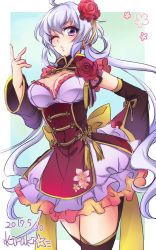 Rule 34 | 10s, 1girl, absurdres, ahoge, alternate costume, artist name, blush, bow, breasts, cleavage, dated, detached sleeves, flower, frilled skirt, frills, hair flower, hair ornament, hand on own hip, highres, jpeg artifacts, kiraki, large breasts, legs together, light purple hair, lips, long hair, one eye closed, parted lips, purple eyes, rose, senki zesshou symphogear, shiny skin, skirt, solo, thighhighs, twintails, yukine chris