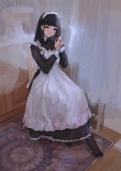 Rule 34 | 1girl, absurdres, apron, black dress, black hair, black pantyhose, carpet, closed mouth, commentary request, curtains, dress, full body, hands up, highres, huge filesize, kioroshin, long hair, long sleeves, looking at viewer, maid, maid apron, maid headdress, no shoes, on chair, original, pantyhose, purple eyes, sitting, smile, solo, white apron