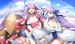 3girls bare_shoulders bb_(fate) bb_dubai_(fate) black_dress blue_eyes blue_ribbon blue_sky blush braid braided_hair_rings breasts choker claw_(weapon) cleavage clothing_cutout collarbone dress fate/grand_order fate_(series) flat_chest frills hair_ribbon hair_rings highleg highleg_one-piece_swimsuit highres huge_breasts jacket long_hair long_sleeves looking_at_viewer meltryllis meltryllis_(fate) meltryllis_(swimsuit_lancer)_(fate) meltryllis_(swimsuit_lancer)_(second_ascension)_(fate) multiple_girls no-kan off-shoulder_one-piece_swimsuit off_shoulder one-piece_swimsuit open_mouth passionlip_(celeb_summer_experience_swimsuit)_(fate) passionlip_(fate) pink_eyes pink_jacket pink_ribbon puffy_sleeves purple_eyes purple_hair ribbon shoulder_cutout sky sleeves_past_fingers sleeves_past_wrists smile swimsuit thighs twin_braids very_long_hair weapon white_ribbon yellow_ribbon