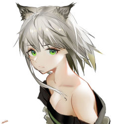 Rule 34 | 1girl, animal ears, arknights, bare shoulders, cat ears, commentary, dress, green eyes, highres, kal&#039;tsit (arknights), looking at viewer, mackia, off-shoulder dress, off shoulder, short hair, silver hair, simple background, solo, upper body, white background