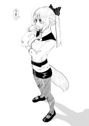 Rule 34 | 1girl, absurdres, animal ears, arknights, bow, cigarette, fox ears, fox girl, fox tail, full body, greyscale, hair bow, highres, jacket, long hair, long sleeves, looking afar, mary janes, miniskirt, monochrome, pantyhose, perfumer (arknights), ponytail, shoes, shooki (wadacchi non), simple background, skirt, smoke, smoking, solo, standing, striped, striped bow, tail, thought bubble, translation request, white background