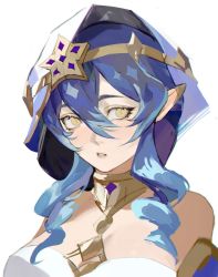Rule 34 | 1girl, bad id, bad twitter id, bare shoulders, blue hair, blue hood, breasts, bright pupils, detached sleeves, drill hair, drill sidelocks, genshin impact, gold choker, hair between eyes, highres, hood, hood up, jewelry, large breasts, layla (genshin impact), long hair, looking at viewer, neck ring, parted lips, sidelocks, simple background, solo, srro yo, star (symbol), upper body, very long hair, white background, white pupils, yellow eyes