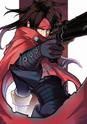Rule 34 | 1boy, cloak, covered mouth, final fantasy, final fantasy vii, gauntlets, giiido, glaring, gun, headband, charm (object), leather, long hair, looking at viewer, messy hair, red eyes, torn clothes, vincent valentine, weapon