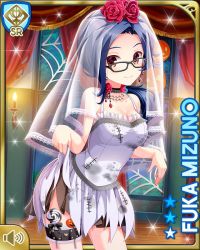 Rule 34 | 1girl, basket, blue hair, candy, card, character name, closed mouth, costume, dress, earrings, flower, food, girlfriend (kari), glasses, halloween, indoors, jack-o&#039;-lantern, jewelry, lollipop, looking at viewer, mizuno fuka, night, official art, qp:flapper, red eyes, rose, silk, solo, spider web, stitching, surprised, tagme, veil, white dress, window, wooden floor