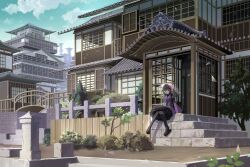 Rule 34 | 1girl, architecture, black hair, blue eyes, building, day, dress, east asian architecture, flower, frilled kimono, frills, geta, hair flower, hair ornament, japanese clothes, kimono, kyuui, lolita fashion, long hair, long sleeves, obi, original, outdoors, pantyhose, pointy ears, sash, sitting, sitting on stairs, sky, smile, solo, stairs, stone stairs, wa lolita