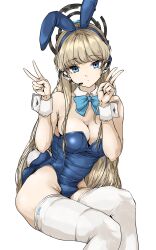 Rule 34 | 1girl, animal ears, aqua bow, aqua bowtie, armpit crease, bare shoulders, blonde hair, blue archive, blue eyes, blue leotard, bow, bowtie, breasts, cleavage, detached collar, double v, earrings, fake animal ears, feet out of frame, gatsby ssl, halo, headset, highres, invisible chair, jewelry, large breasts, leotard, long hair, looking at viewer, official alternate costume, playboy bunny, rabbit ears, simple background, sitting, solo, straight hair, strapless, strapless leotard, stud earrings, thighhighs, toki (blue archive), toki (bunny) (blue archive), v, very long hair, white background, white thighhighs, wrist cuffs