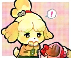 Rule 34 | !, 1girl, animal crossing, black eyes, border, bow, box, bright pupils, brown coat, candy, chocolate, chocolate heart, coat, covering own mouth, dog girl, doradorakingyo, food, furry, furry female, green skirt, heart, holding, holding box, isabelle (animal crossing), long sleeves, nintendo, red bow, skirt, solo focus, spoken exclamation mark, surprised, topknot, twitter username, valentine, villager (animal crossing), white border, white pupils