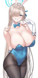Rule 34 | 1girl, absurdres, animal ears, arm behind back, asuna (blue archive), asuna (bunny) (blue archive), bare shoulders, black pantyhose, blue archive, blue bow, blue bowtie, blue eyes, blue leotard, blush, bow, bowtie, breasts, card, cleavage, detached collar, elbow gloves, fake animal ears, gloves, hair over one eye, hairband, halo, highres, holding, holding card, large breasts, leotard, long hair, looking at viewer, mole, mole on breast, one eye covered, pantyhose, parted lips, playboy bunny, playing card, rabbit ears, sateridas, simple background, smile, solo, teeth, thighband pantyhose, white background, white gloves, white hairband