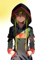 Rule 34 | 1girl, c.c., code geass, collarbone, fringe trim, green hair, hands in pockets, hood, hoodie, long hair, looking at viewer, meimi k, shaded face, simple background, solo, upper body, white background, yellow background, yellow eyes