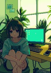 Rule 34 | 1girl, backlighting, black hair, blonde hair, cellphone, chair, closed mouth, collarbone, colored inner hair, computer, desk, dithering, female focus, highres, hugging own legs, indoors, keyboard (computer), looking at viewer, monitor, multicolored hair, nanami yuki (yuki77mi), original, phone, photo (object), pixel art, plant, potted plant, shirt, short hair, short sleeves, sitting, smartphone, solo, window
