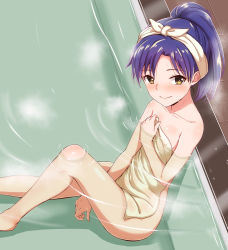 Rule 34 | 1girl, bathroom, between legs, blue hair, blush, brown eyes, collarbone, covering privates, dan (orange train), flat chest, hand between legs, high ponytail, idolmaster, idolmaster (classic), indoors, kisaragi chihaya, long hair, naked towel, nude cover, partially submerged, shiny skin, sitting, smile, solo, towel, wet