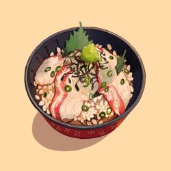 Rule 34 | beige background, bowl, food, food focus, ikkaf sk, no humans, nori (seaweed), ochazuke (food), original, parsley, rice, sea bream, spring onion, wasabi