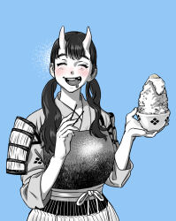Rule 34 | 1girl, ^ ^, armor, blue background, blush, bowl, chest guard, chipped tooth, chopsticks, closed eyes, doo p 22, drooling, dungeon meshi, facing viewer, fried egg, hair over shoulder, hands up, happy, holding, holding bowl, holding chopsticks, inutade, japanese armor, japanese clothes, kimono, korean commentary, long hair, long sleeves, mole, mole under eye, monochrome, oni, rice bowl, shoulder armor, simple background, sode, solo, twintails, upper body