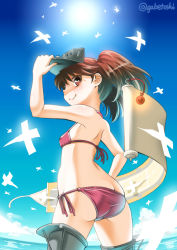 Rule 34 | 10s, 1girl, adjusting clothes, adjusting headwear, ass, bare shoulders, bikini, blue skirt, breasts, brown eyes, brown hair, gradient background, hat, kantai collection, onmyouji, ryuujou (kancolle), scroll, shikigami, side-tie bikini bottom, sideways glance, skirt, small breasts, smile, sogabe toshinori, solo, sun, swimsuit, twintails, visor cap