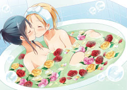 Rule 34 | 2girls, ^ ^, bathing, bathroom, bathtub, black hair, blonde hair, blush, breasts, bubble, cleavage, closed eyes, commentary request, convenient censoring, dutch angle, flower, flower on water, long hair, multiple girls, nude, original, petals, petals on liquid, pink flower, pink rose, red flower, red rose, rose, same-sex bathing, shared bathing, smile, tachi (gutsutoma), tiles, towel, towel on head, yellow flower, yellow rose, yuri