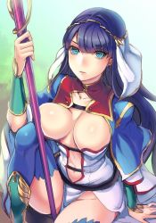 Rule 34 | 1girl, blue eyes, blunt bangs, bracer, breasts, cape, capelet, center opening, cleavage, clothing cutout, detached collar, dress, earrings, fate/grand order, fate (series), hair ornament, jewelry, kokouno oyazi, large breasts, martha (fate), navel, navel cutout, purple hair, sitting, solo, staff, straight hair, thighhighs, thighs, vambraces