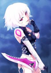 Rule 34 | 1girl, bandaged arm, bandages, bare shoulders, black panties, black vest, breasts, choi yuan (qsta), cropped vest, dagger, facial scar, fate/apocrypha, fate/grand order, fate (series), hair between eyes, highres, jack the ripper (fate/apocrypha), knife, looking at viewer, panties, red eyes, scar, scar across eye, scar on cheek, scar on face, short hair, shoulder tattoo, small breasts, smile, solo, tattoo, thighhighs, thighs, tongue, tongue out, underwear, vest, weapon, white hair
