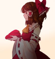 Rule 34 | 1girl, ascot, bare shoulders, borrowed clothes, bow, brown eyes, brown hair, cowboy shot, detached sleeves, dolls in pseudo paradise, flat cap, from side, frown, gradient background, hair bow, hair tubes, hakurei reimu, half updo, hat, holding, holding clothes, holding hat, label girl (dipp), nekolina, red bow, red hat, ribbon-trimmed sleeves, ribbon trim, sidelocks, solo, star (symbol), touhou, unworn hat, unworn headwear, upper body, white sleeves, wide sleeves
