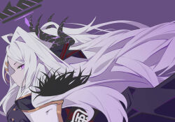 Rule 34 | 1girl, black coat, blue archive, breasts, closed mouth, coat, coat on shoulders, floating hair, grey hair, hair ornament, hairclip, halo, hina (blue archive), horns, jacket, long hair, looking at viewer, multiple horns, purple background, purple eyes, purple jacket, sideways glance, slit pupils, small breasts, solo, suimz, upper body, very long hair