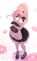Rule 34 | 1girl, absurdres, apron, bag, bare arms, bare shoulders, black dress, black footwear, breasts, cleavage, doughnut, dress, food, food in mouth, frilled apron, frilled dress, frills, full body, hair over one eye, heart, highres, long hair, looking at viewer, maid, maid headdress, medium breasts, mouth hold, hugging object, original, pantyhose, paper bag, pink hair, pleated dress, red eyes, reizouko, shoes, sleeveless, sleeveless dress, solo, standing, waist apron, white apron, white background, white pantyhose