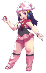 Rule 34 | 1girl, :d, bare arms, blue eyes, blue hair, blush, boots, breasts, creatures (company), dawn (pokemon), full body, game freak, highres, kei (bekei), looking at viewer, nintendo, open mouth, panties, pantyshot, pink skirt, poke ball, poke ball (basic), pokemon, pokemon dppt, red scarf, scarf, shortstack, sideboob, simple background, skirt, sleeveless, small breasts, smile, solo, standing, thick thighs, thighs, underwear, white background, white panties
