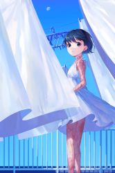 Rule 34 | 1girl, black eyes, blonde hair, blue eyes, blue hair, blue sky, burn scar, closed mouth, curtains, day, dress, feet out of frame, from behind, gibbous moon, highres, kotatiyu, looking at viewer, looking back, moon, original, outdoors, railing, scar, short hair, sky, sleeveless, sleeveless dress, solo, standing, sundress, white dress, wind, wind lift