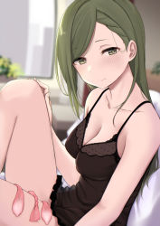 Rule 34 | 1girl, aftersex, alternate hairstyle, arakumachikano, babydoll, bare shoulders, black babydoll, blush, breasts, cleavage, closed mouth, collarbone, condom, cum, frilled babydoll, green eyes, green hair, hair down, half-closed eyes, highres, idolmaster, idolmaster shiny colors, indoors, lace-trimmed babydoll, lace trim, large breasts, leg up, long hair, looking at viewer, multiple condoms, nanakusa hazuki, see-through, sitting, sleepwear, smile, solo, swept bangs, used condom