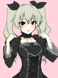 Rule 34 | 10s, 1girl, anchovy (girls und panzer), black dress, black neckwear, black ribbon, choker, cross-laced clothes, dress, drill hair, frilled choker, frilled dress, frills, frown, girls und panzer, goth fashion, gothic lolita, green hair, hair ribbon, lolita fashion, long hair, long sleeves, parted lips, pink background, red eyes, ribbon, sakaki imasato, simple background, sketch, solo, standing, twin drills, twintails, upper body, wavy mouth