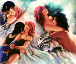 Rule 34 | 10s, 2girls, bare shoulders, black hair, breasts, collage, couple, earrings, closed eyes, face, final fantasy, final fantasy xiii, hug, imminent kiss, jewelry, kiss, lightning farron, lilaccu, multiple girls, kissing neck, nipple slip, nipples, nude, oerba yun fang, pink hair, signature, small breasts, strap slip, yuri