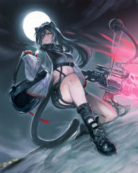 Rule 34 | 1girl, absurdres, animal ears, arknights, aura, bag, black footwear, black scarf, black shorts, boots, bow (weapon), breasts, cat ears, cat tail, commentary, crop top, cross-laced footwear, crossbow, dutch angle, full moon, hair between eyes, highres, jacket, kneeling, kupikuuu, long hair, looking to the side, medium breasts, midriff, moon, night, on one knee, open clothes, open jacket, outdoors, ponytail, scarf, schwarz (arknights), short shorts, shorts, shoulder bag, silver hair, solo, strap, tail, weapon, white jacket, yellow eyes
