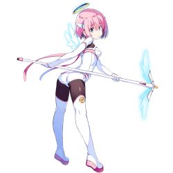 Rule 34 | 1girl, ass, blue eyes, bodysuit, boots, dennou tenshi djibril, detached wings, full body, green eyes, halo, holding, holding staff, kuuchuu yousai, looking at viewer, mini wings, official art, pink hair, short hair, smile, solo, staff, thigh boots, thighhighs, transparent background, white wings, wings