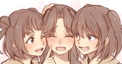 Rule 34 | 10s, 3girls, antenna hair, bad id, bad pixiv id, brown eyes, brown hair, cheek-to-cheek, closed eyes, double bun, hair bun, hand on another&#039;s head, heads together, holding head, ikarin, jintsuu (kancolle), kantai collection, multiple girls, naka (kancolle), one eye closed, open mouth, personification, sendai (kancolle), tears, twintails, two side up, wink