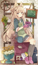 Rule 34 | 1girl, :o, absurdres, animal, animal ear fluff, animal ears, apron, bird, black socks, blue shirt, blush, brown hair, cat, collared shirt, commentary, double bun, envelope, flat cap, flower, gloves, green apron, green eyes, green hat, grey skirt, hair bun, hair ornament, hairclip, hat, highres, holding, kneehighs, long hair, mailbox (incoming mail), mouth hold, newspaper, original, parted lips, pink footwear, pink gloves, plant, potted plant, rose, shirt, shoes, short sleeves, sitting, skirt, socks, solo, symbol-only commentary, tsukiyo (skymint), two side up, very long hair, watering can, white flower, white rose, x hair ornament, yellow flower