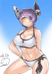 Rule 34 | 10s, 1girl, 2015, bikini, breasts, cleavage, dated, female focus, gradient background, headgear, highres, kantai collection, large breasts, samidare satsuki, short hair, solo, swimsuit, tenryuu (kancolle), white bikini, yellow eyes